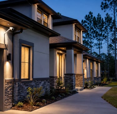 Modern luxury home exterior with professional outdoor lighting and security cameras at dusk.