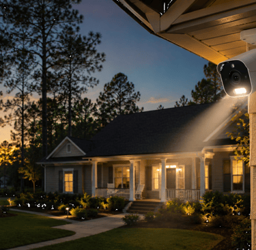 Eufy outdoor security camera with integrated spotlight mounted on a house eaves at sunset.