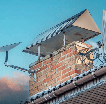A Starlink satellite dish mounted on a brick chimney for high-speed residential internet.