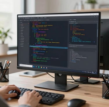 Clean workspace with a laptop showing code and project sketches on paper around it.