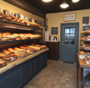 Interior view of La Cueva bakery with warm lighting and shelves filled with fresh bread.