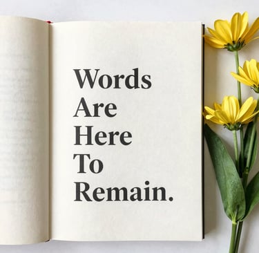 A close-up of a person gently holding a book titled 'Words Are Here to Remain' with a thoughtful expression.