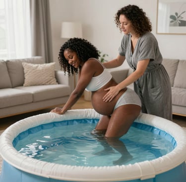 A serene home setting where a doula guides breathing techniques during labor.