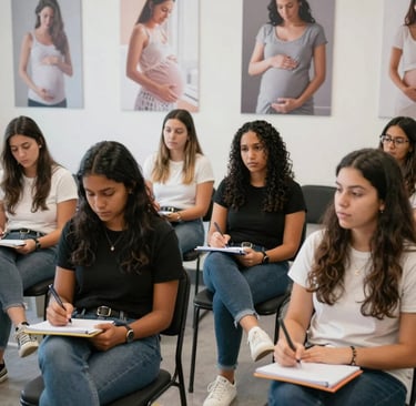 A childbirth education class in session, with parents-to-be engaged and taking notes.