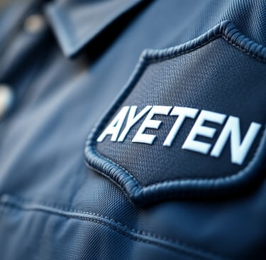 Close-up of a blue security officer uniform featuring a stitched AYETEN name patch on the chest.