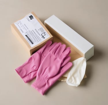 Rows of disposable gloves in various sizes hanging on hooks with clear labels.