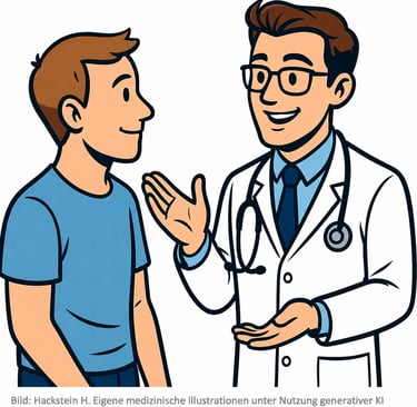 Illustration Thromic Onlineschulung: Arzt klärt Patienten über die Bluttransfusion auf