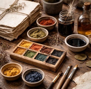 Hand made art materials on table-paint, ink, paper