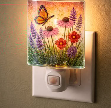 Fused glass night light cover with purple, orange and pink flowers and butterfly
