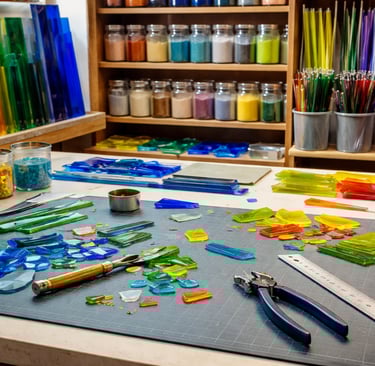 Fused glass studio table set up for teaching with glass and tools