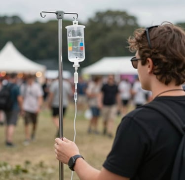A smiling nurse gently administering an IV drip to a relaxed festival-goer outdoors.