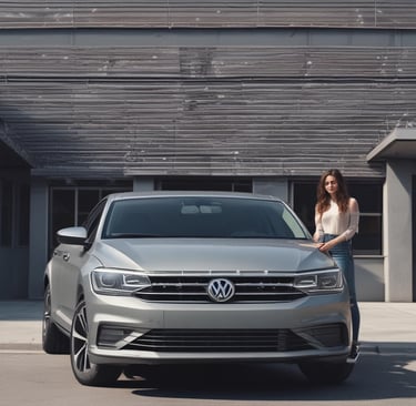 Smiling customer standing beside a freshly detailed black sedan in a sunny Wichita driveway