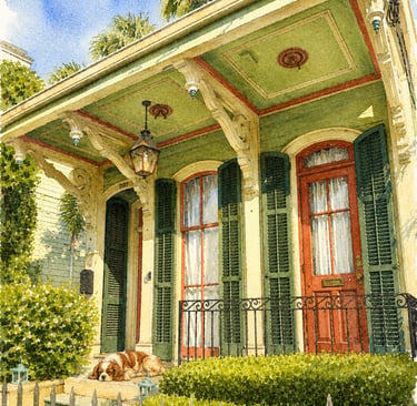 New Orleans shotgun house  a dog on the porch.