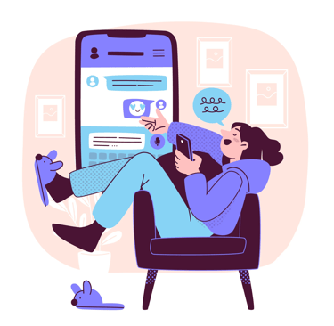 a woman sitting in a chair with a cell phone booking salon appointment with groomr app effortlessly 