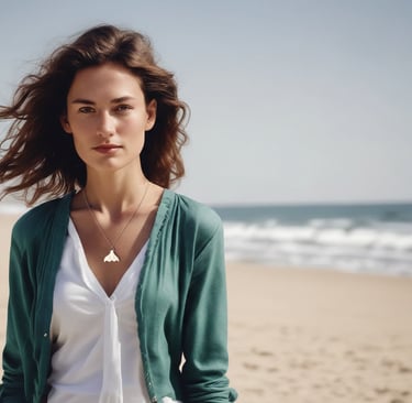 A woman wearing a green cardigan and gold whale tail necklace standing on a sunny beach.