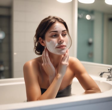 Joyful woman in bathrobe and headband, eyes closed, touching her smooth, radiant skin, reflecting in a bathroom mirror