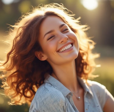 Smiling woman gently applying rose gold highlighter on her cheekbone in natural light.
