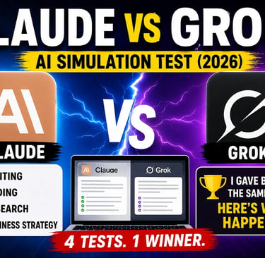 Claude vs Grok AI 2026 comparison thumbnail for writing, coding, research, and business tests.