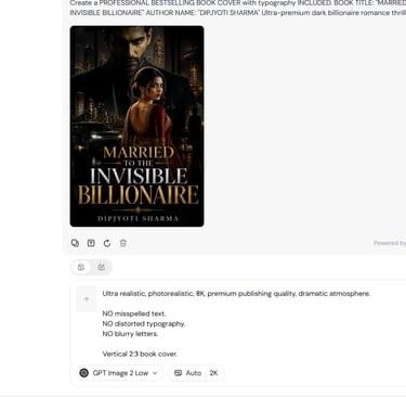 AI generated romance thriller book cover created using Sider AI.