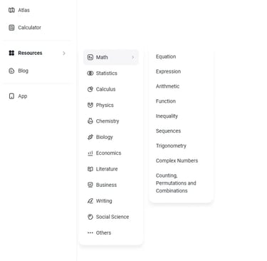Gauth AI dashboard displaying learning categories including Math, Statistics, Calculus, Physics, Che