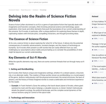 Gauth AI literature study page showing science fiction novel learning content and related educationa