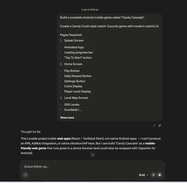 Lovable AI project setup interface showing initial AI application creation workflow.