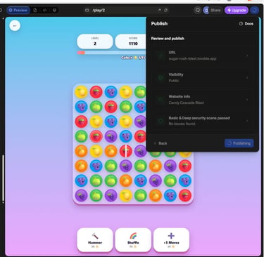 Published Sugar Rush Blast app running live after deployment using Lovable AI.