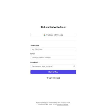 Jenni AI account registration page showing Google sign-up option, email registration form, and clean