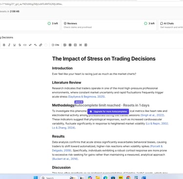 Jenni AI editor displaying a research paper on stress and trading decisions with citations, introduc