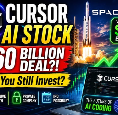 Cursor AI Stock thumbnail featuring a SpaceX rocket launch, rising stock market chart, Cursor AI cod