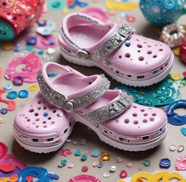 A vibrant pair of personalized Crocs adorned with colorful charms and glitter accents, set against a sunny outdoor backdrop.