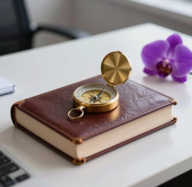 A close-up of a professional desk in a South American office, featuring an old leather-bound book, a golden compass, and a single purple orchid. Soft lighting with purple and gold highlights.