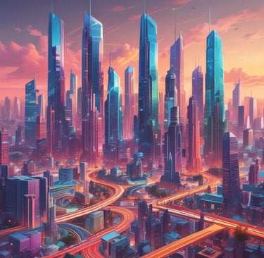 A futuristic cityscape blending into a natural forest, illustrating different life paths