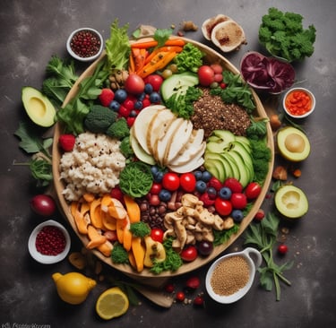 An overhead shot of a kitchen counter with ingredients laid out for a nutritious recipe.