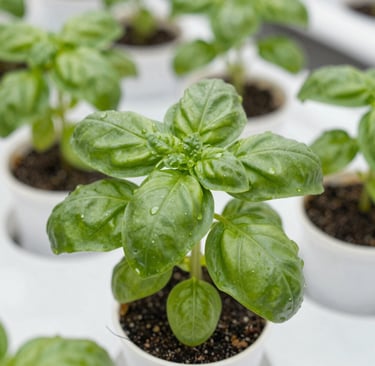 Modern hydroponic setup with various herbs thriving under LED lights.