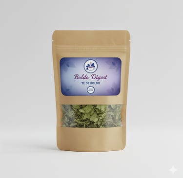 Bolsa de papel color café de té herbal Boldo Digest, con hojas secas