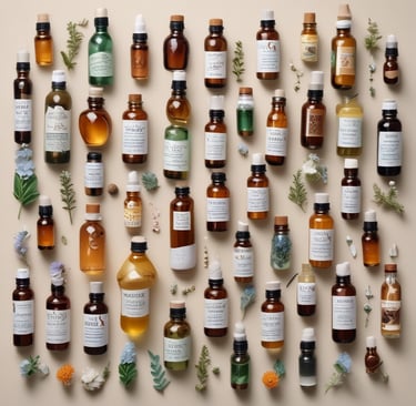 assorted labeled bottle on display shelf