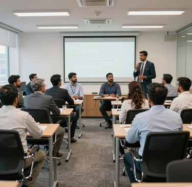 A bright modern corporate training room in India with executive staff participating in a seminar, professional South Asian / Indian business leaders in contemporary attire, dynamic office setting.