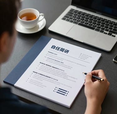 Over-the-shoulder shot of an elegant corporate resume on a modern dark desk, next to a sleek laptop and a cup of tea. Warm, soft professional lighting, clean slate white and deep navy blue accents.