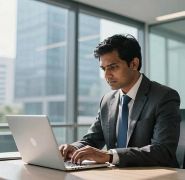 A professional South Asian / Indian HR manager in a modern, glass-walled office in Delhi NCR, analyzing career metrics on a laptop. Sunny daylight, soft background blue corporate colors, sleek design, trust and authority.