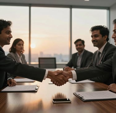 Close-up of a modern corporate boardroom meeting in Gurgaon, handshakes over a major contract, professional corporate atmosphere, South Asian / Indian business partners, warm sunset light through windows.