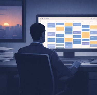 a leader alone at night, facing a screen filled with back-to-back meetings, symbolizing busyness and fading accountability.