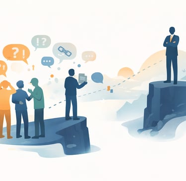 distant leader standing apart from team, relying on second-hand reports while staff discuss problems below.