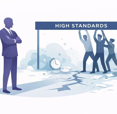 leader enforcing high standards while team members strain to hold up an impossible bar, symbolizing pressure and constraint.