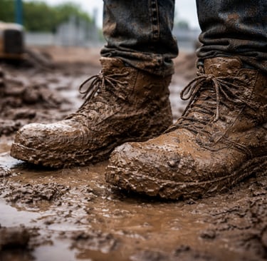 Muddy work boots standing in wet ground, symbolizing hands-on leadership and presence in the field