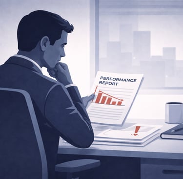 a leader reviewing a declining performance report, pausing in thought as standards begin to slip unnoticed.