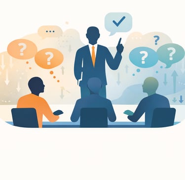 leader speaking while team members sit silently, with fading question marks symbolizing lost challenge and voice.