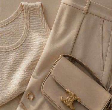 Beige luxury outfit inspiration with neutral clothing, minimal fashion styling and elegant accessori