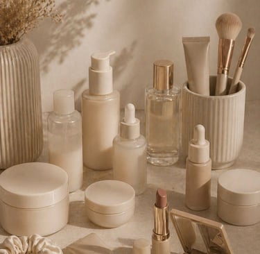 Beige luxury beauty products aesthetic with skincare, makeup and minimal styling