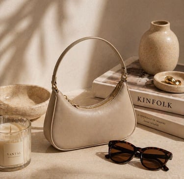 Beige luxury accessories aesthetic with bags, sunglasses and minimal fashion pieces